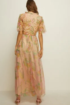 Fashion Oasis Sequin Watercolour Mesh Maxi Dress Apricot