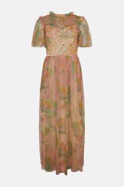 Fashion Oasis Sequin Watercolour Mesh Maxi Dress Apricot