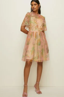 Best Oasis Sequin Watercolour Mesh Skater Dress Apricot