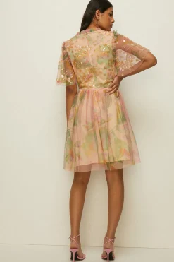 Best Oasis Sequin Watercolour Mesh Skater Dress Apricot
