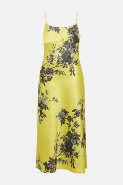 Best Oasis Shadow Floral Empire Seam Strappy Satin Slip Dress Chartreuse