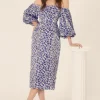 Hot Oasis Shimmer Ditsy Printed Bardot Midi Dress Purple