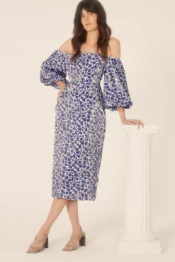 Hot Oasis Shimmer Ditsy Printed Bardot Midi Dress Purple