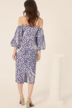 Hot Oasis Shimmer Ditsy Printed Bardot Midi Dress Purple