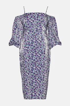 Hot Oasis Shimmer Ditsy Printed Bardot Midi Dress Purple