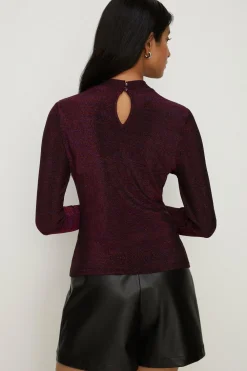 Fashion Oasis Shimmer Long Sleeve Top Burgundy