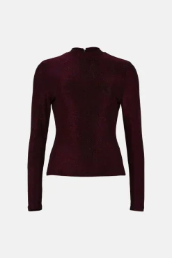 Fashion Oasis Shimmer Long Sleeve Top Burgundy