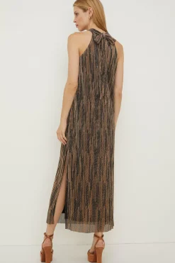 New Oasis Shimmer Plisse Halter Tie Neck Midi Dress Metallic Blush