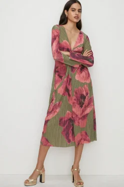 Clearance Oasis Shimmer Plisse V Neck Twist Front Midi Dress Khaki