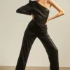 Hot Oasis Shimmer Ruched One Shoulder Jumpsuit Black