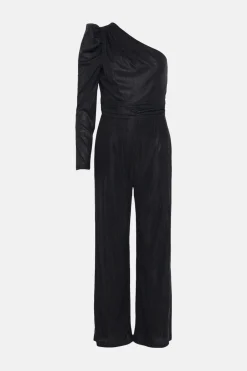 Hot Oasis Shimmer Ruched One Shoulder Jumpsuit Black