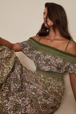 Discount Oasis Shirred Cold Shoulder Paisley Tiered Midi Dress Khaki