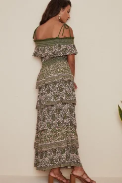 Discount Oasis Shirred Cold Shoulder Paisley Tiered Midi Dress Khaki