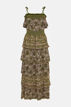 Discount Oasis Shirred Cold Shoulder Paisley Tiered Midi Dress Khaki