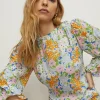 Sale Oasis Shirred Cuff Meadow Floral Print Midi Dress Blue