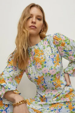 Sale Oasis Shirred Cuff Meadow Floral Print Midi Dress Blue