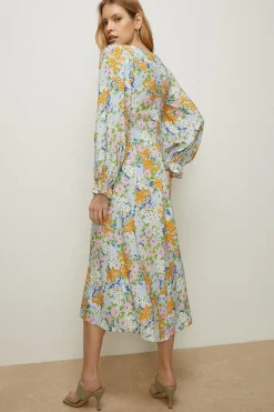 Sale Oasis Shirred Cuff Meadow Floral Print Midi Dress Blue