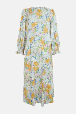 Sale Oasis Shirred Cuff Meadow Floral Print Midi Dress Blue