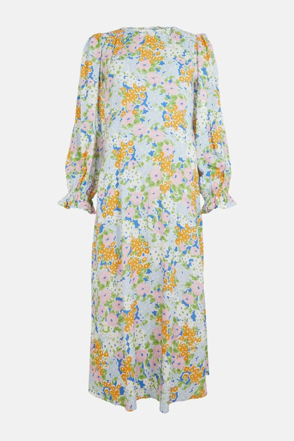 Sale Oasis Shirred Cuff Meadow Floral Print Midi Dress Blue