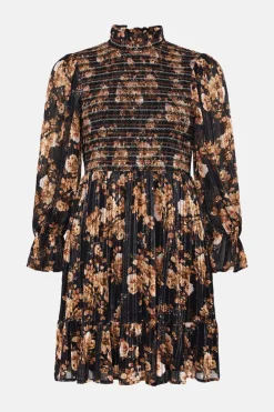 Best Oasis Shirred Shimmer Floral Flippy Skater Dress Black