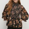 Sale Oasis Shirred Shimmer Floral Top Black