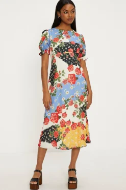 Fashion Oasis Short Sleeve Floral Print Midi Tea Dress Multi