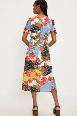 Fashion Oasis Short Sleeve Floral Print Midi Tea Dress Multi