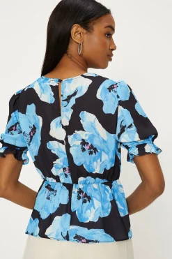 Fashion Oasis Short Sleeve Printed Tea Blouse Blue