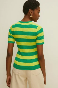 Fashion Oasis Short Sleeve Stripe Rib Knitted Top Green