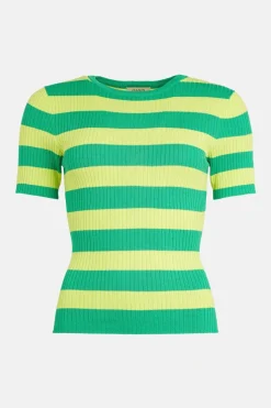 Fashion Oasis Short Sleeve Stripe Rib Knitted Top Green