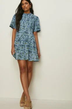 Best Oasis Short Sleeved Pintuck Printed Mini Dress Floral