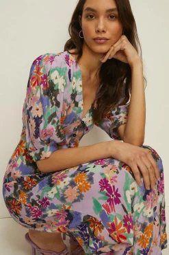 Fashion Oasis Sketchy Floral Puff Sleeve Button Midi Dress Pale Blue
