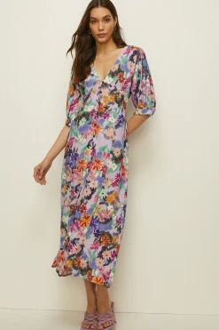 Fashion Oasis Sketchy Floral Puff Sleeve Button Midi Dress Pale Blue