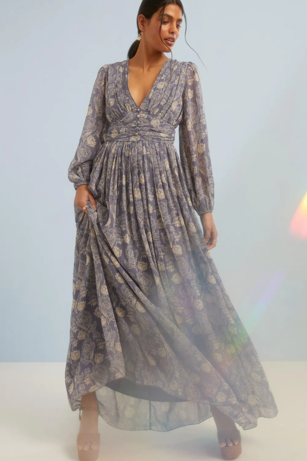 Sale Oasis Sketchy Floral Ruched Button Front Maxi Dress Vintage Blue