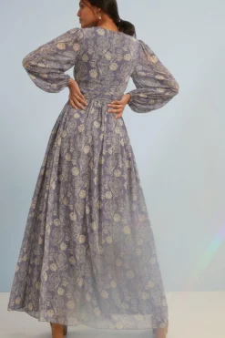 Sale Oasis Sketchy Floral Ruched Button Front Maxi Dress Vintage Blue