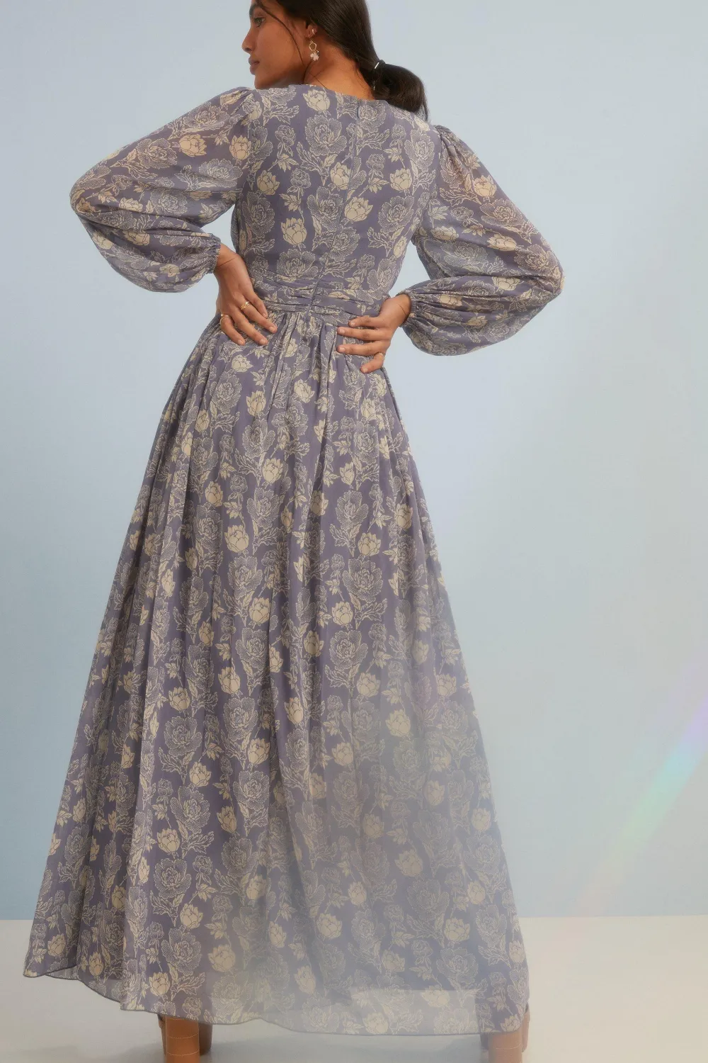 Sale Oasis Sketchy Floral Ruched Button Front Maxi Dress Vintage Blue