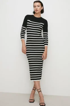 New Oasis 3/4 Sleeve Bretton Rib Knitted Midi Dress Black