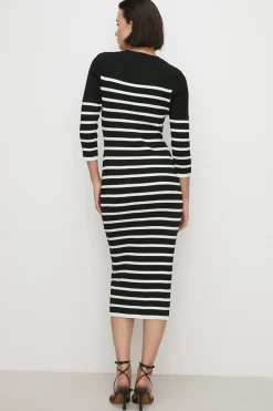 New Oasis 3/4 Sleeve Bretton Rib Knitted Midi Dress Black