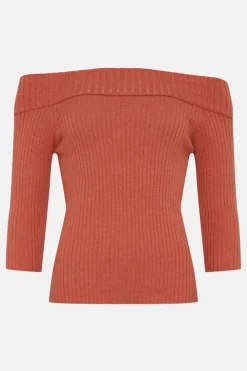 Hot Oasis 3/4 Sleeve Rib Bardot Knit Jumper Coral