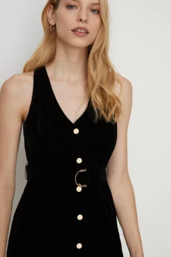 New Oasis Sleeveless Button Through Velvet Mini Dress Black