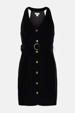 New Oasis Sleeveless Button Through Velvet Mini Dress Black