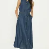 Hot Oasis Sleeveless Midi Shirt Dress Dark Wash
