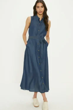 Hot Oasis Sleeveless Midi Shirt Dress Dark Wash