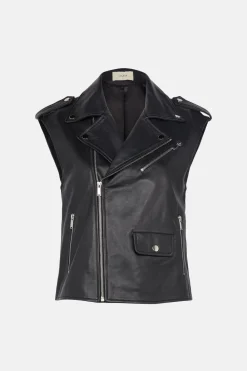 Fashion Oasis Sleeveless Real Leather Biker Jacket Black