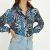 Best Oasis Slinky Animal Floral Long Sleeve Shirred Cuff Shirt Blue
