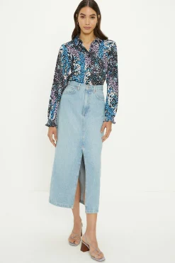 Best Oasis Slinky Animal Floral Long Sleeve Shirred Cuff Shirt Blue
