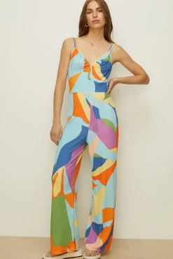 Hot Oasis Slinky Floral Keyhole Front Tie Back Jumpsuit Multi