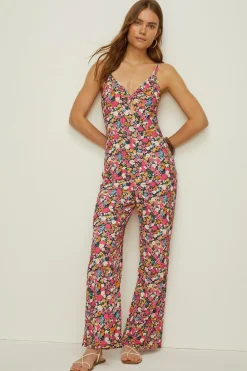 Sale Oasis Slinky Floral Keyhole Front Tie Back Jumpsuit