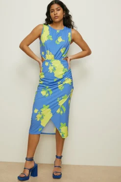 Clearance Oasis Slinky Floral Mock Wrap Cut Out Midi Dress Blue