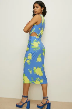 Clearance Oasis Slinky Floral Mock Wrap Cut Out Midi Dress Blue